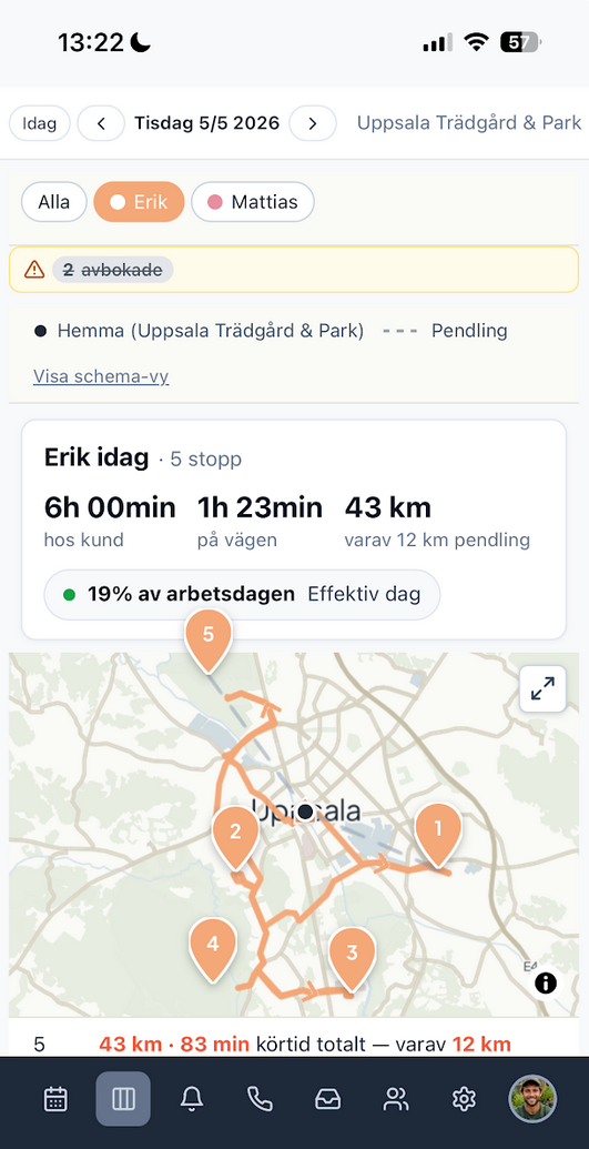 Bokarens dagsvy i mobilen — ruttkarta, körtid och statistik för en trädgårdsmästare i Uppsala